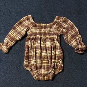 Rylee + Cru Adelaide Romper in burgundy plaid flannel material